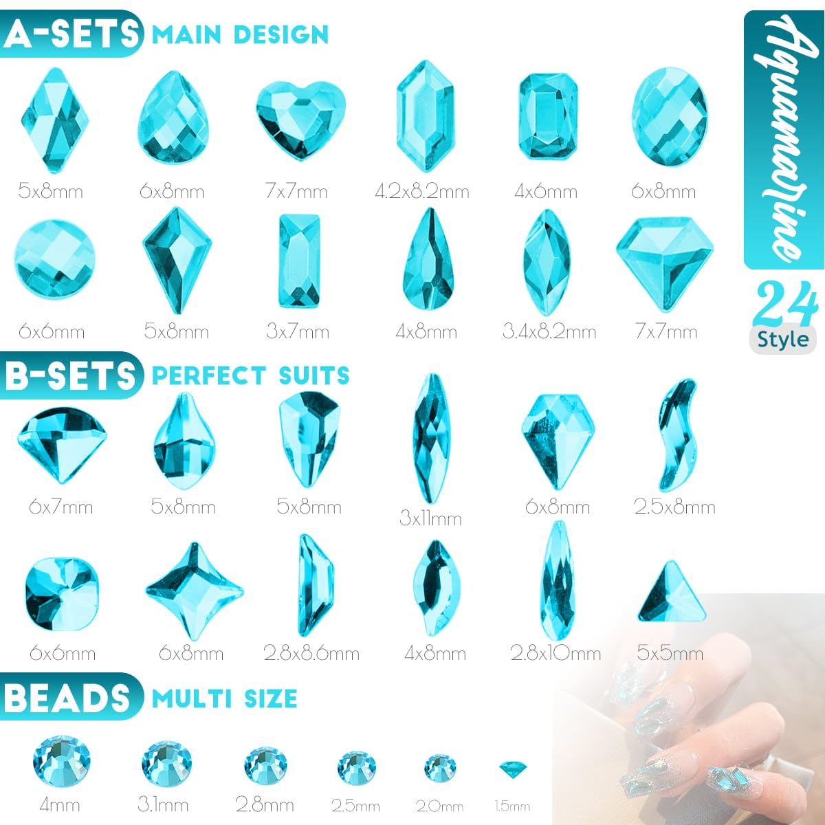 4 Boxes Aquamarine Nail Rhinestones Glitters Kit, 24 Shapes K9 Glass Lake Blue Gems Flatback Round Gems Stones Diamonds Crystals