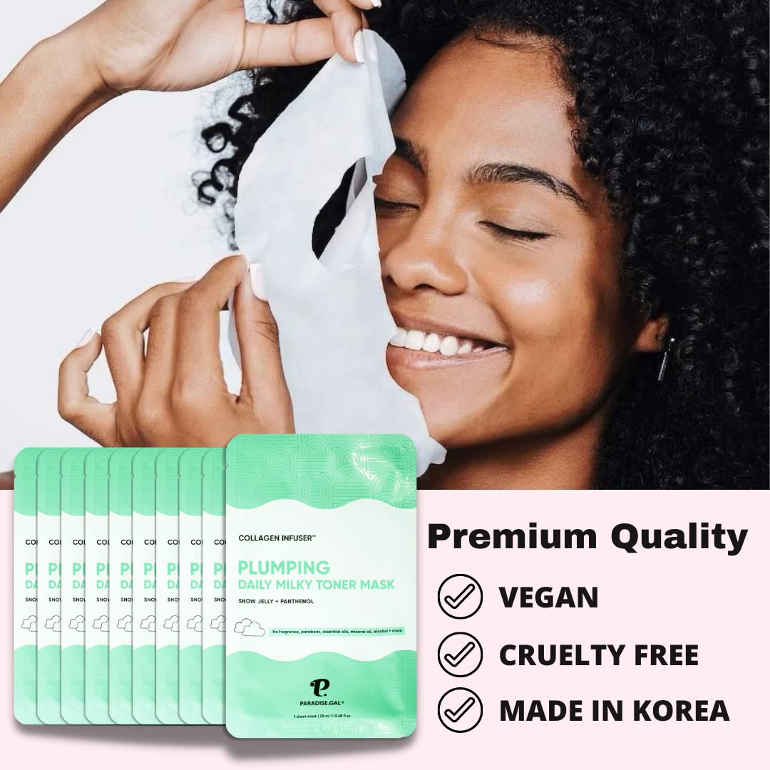Paradisegal 10 Face Masks Korean Skin Care - Plumping Collagen Infuser With Snow Jelly, Panthenol, Niacinamide, Ceramide | Best