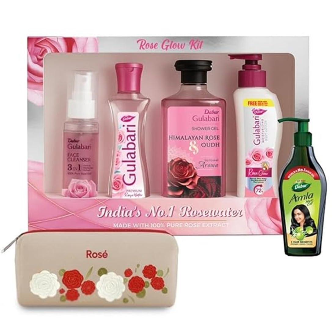 Dabur Gulabari Rose Glow Kit | Rose Water, Face Cleanser, Body Lotion & Shower Gel | With Free Amla Hair Oil & Travel Pouch | Sk