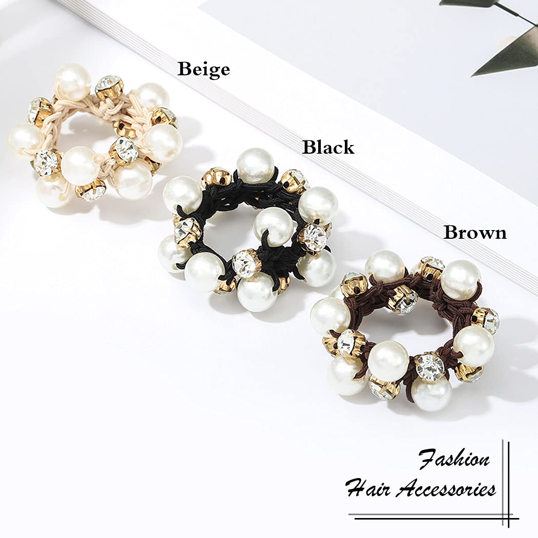 Brinie Hair Ties - Black Elastic Scrunchies with Pearl Details, 3 Count Pack for Women and Girls