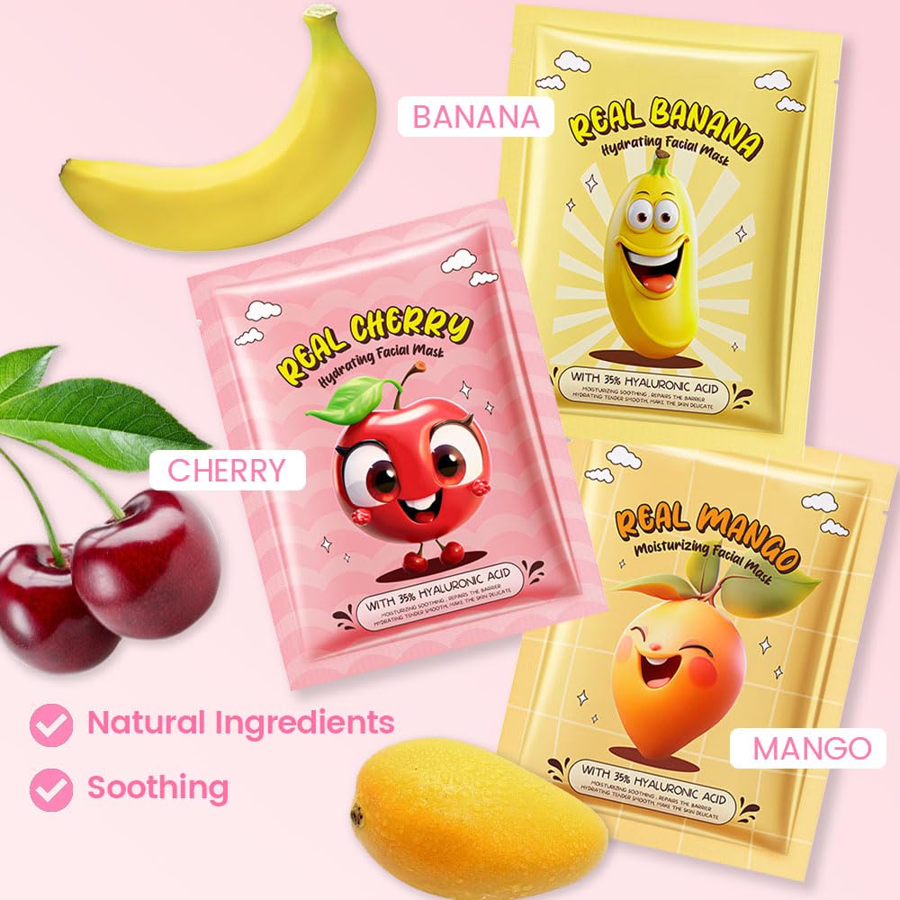 Kaely 6 Pack Fruit Face Masks For Kids, Spa Party Facial Mask Skincare Set, Sheet Masks Skin Care, Moisturize Brighten Soothe Fo