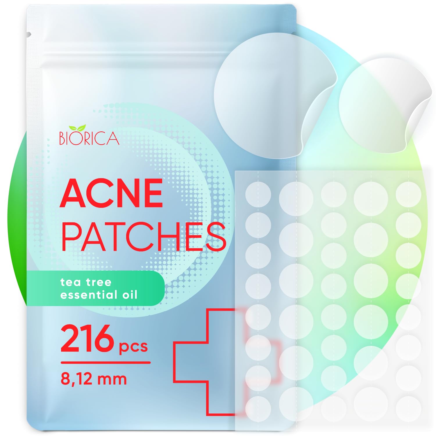 BIORICA Pimple Patches for Face with Tea Tree Oil. Hydrocolloid Acne Pimple Patches. Blemish Patches, Acne Dots, Pimple Stickers