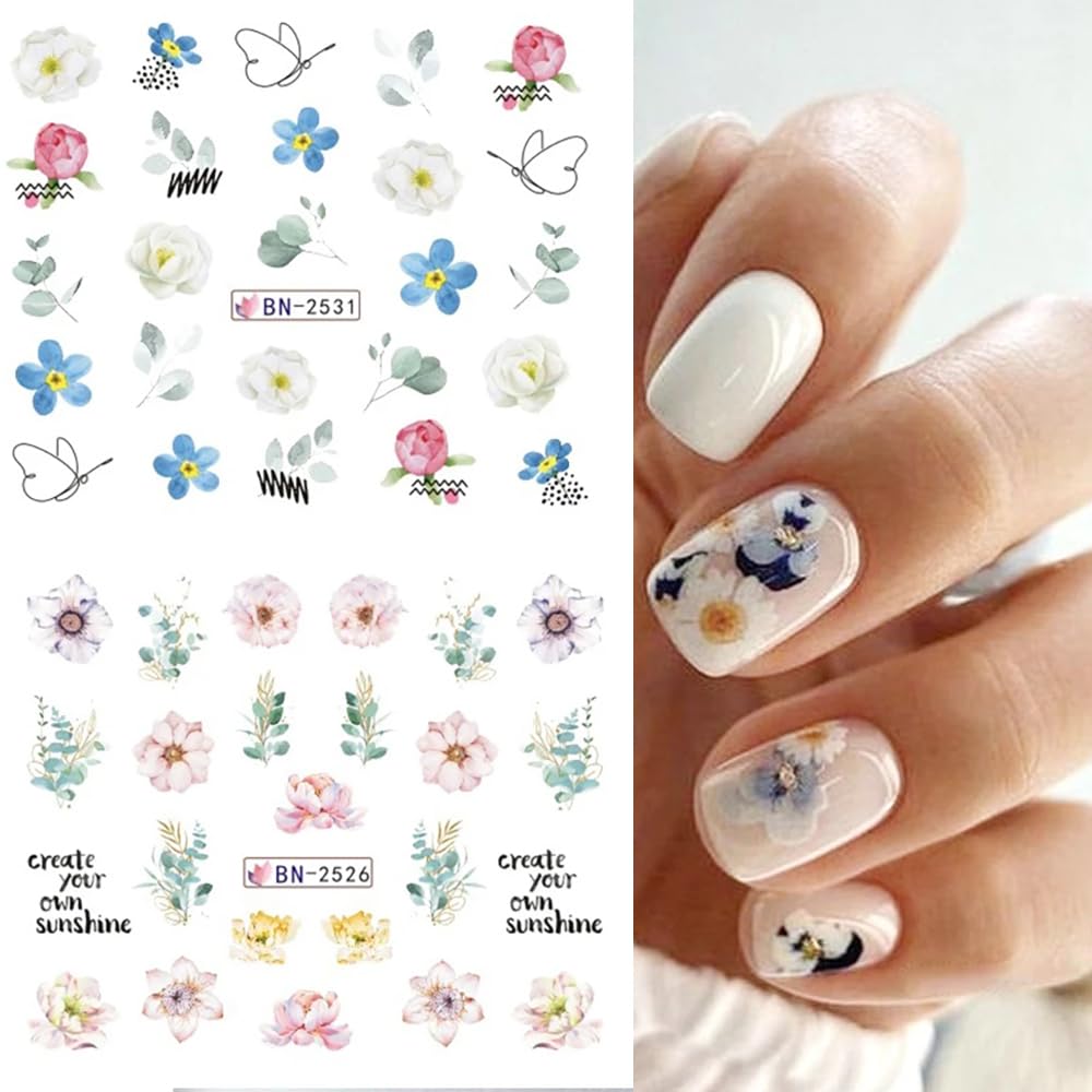 Flower Nail Art Stickers, Flower Nail Decals Water Transfer Nail Art Supplies Summer Lily Orchid Butterfly Small Floral Flowers