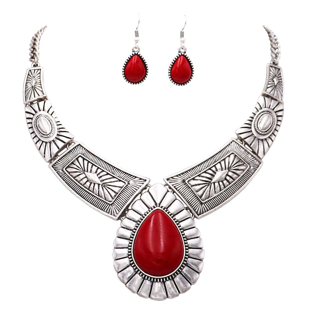 Rosemarie Collections Womens Chic Western Teardrop Howlite Stone Statement Necklace Earrings Set, 16+3 Extender (Red)