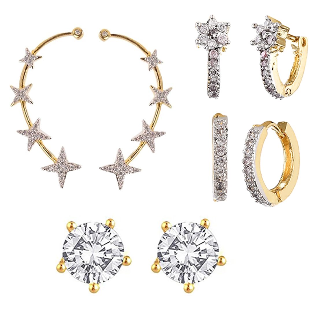 Zeneme Earring Gold Plated American Diamond Earrings Combo Of 8 Pairs Jewellery For Women & Girls (Design_01)