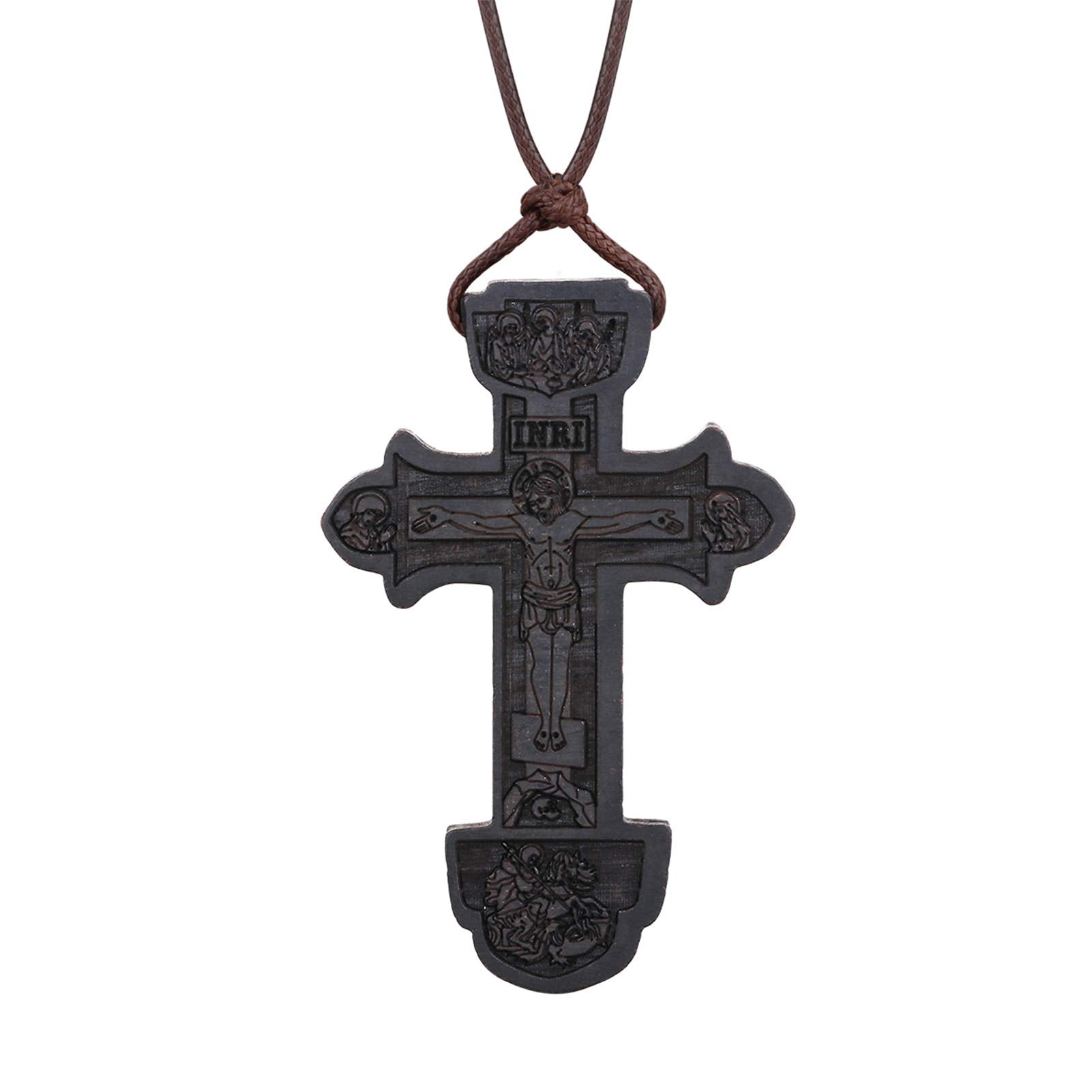 COTTVOTT Wood Orthodox Cross Pendant Necklace Christian Crucifix Necklace Prayer Jesus for Women Men (D-Black Color)