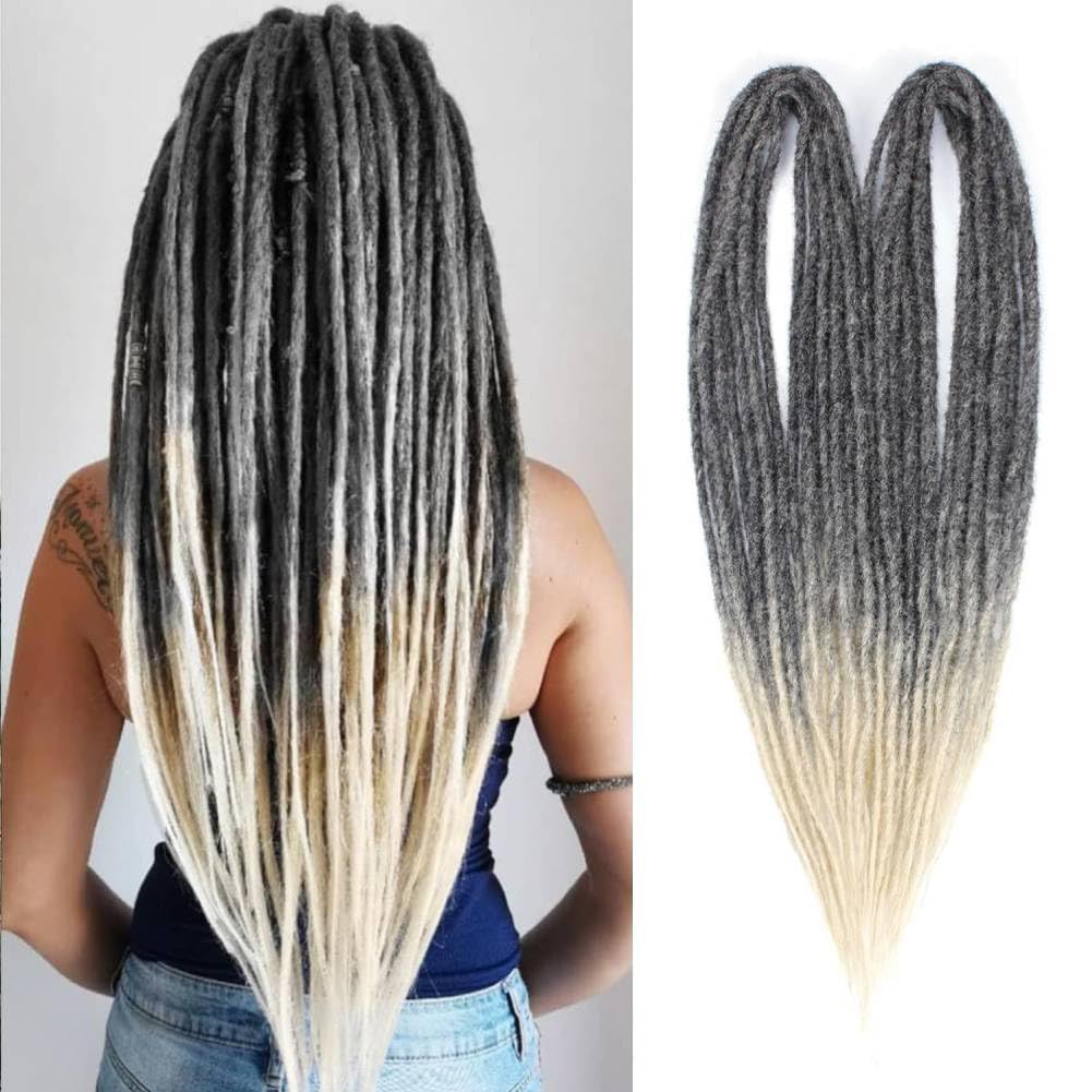 24 Inch Double Ended Dreadlock Extensions, 20 Strands Gray to Blonde Synthetic DE Dreads Extensions, Thin 0.6cm Width Reggae Hip