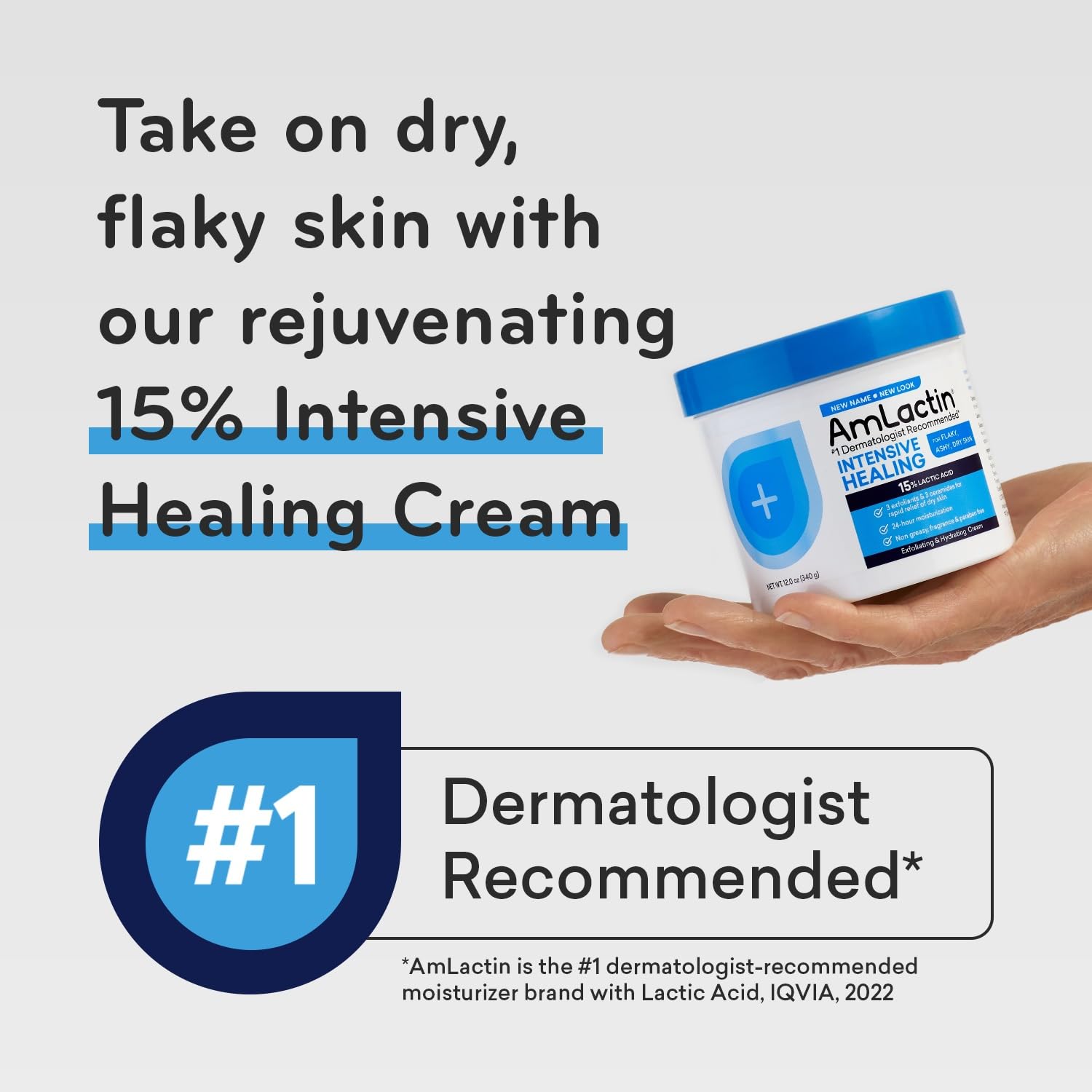 AmLactin Intensive Healing Body Cream - 12 oz Tub - 2-in-1 Exfoliator and Moisturizer for Dry Skin with 15% Lactic Acid and Cera