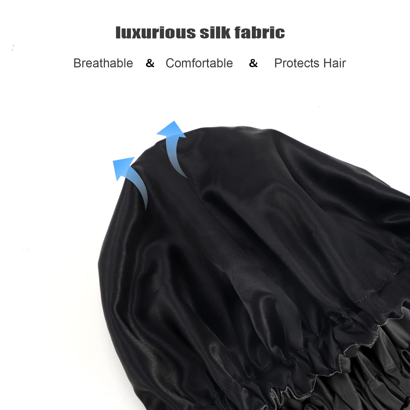 Amamba Shower Caps, Silk Lined Shower Cap For Women,Reusable,Adjustable Size, Washable & Waterproof,Large Satin Shower Cap-Black
