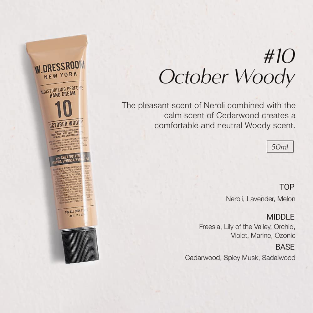 W.Dressroom No.10 October Woody Moisturizing Hand Cream For Dry Hands, Non-Greasy Korean Hand Lotion & Hand Care For Women With