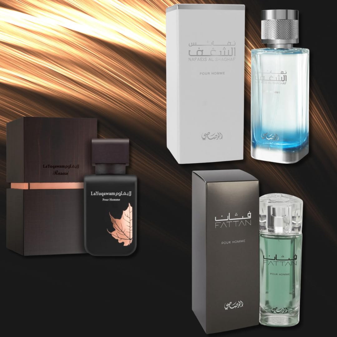 RASASI 3-Piece Set for Men, (3.4 Oz Nafaeis Al Shaghaf + 2.5 Oz Yuqawam + 1.7 Oz Fattan)