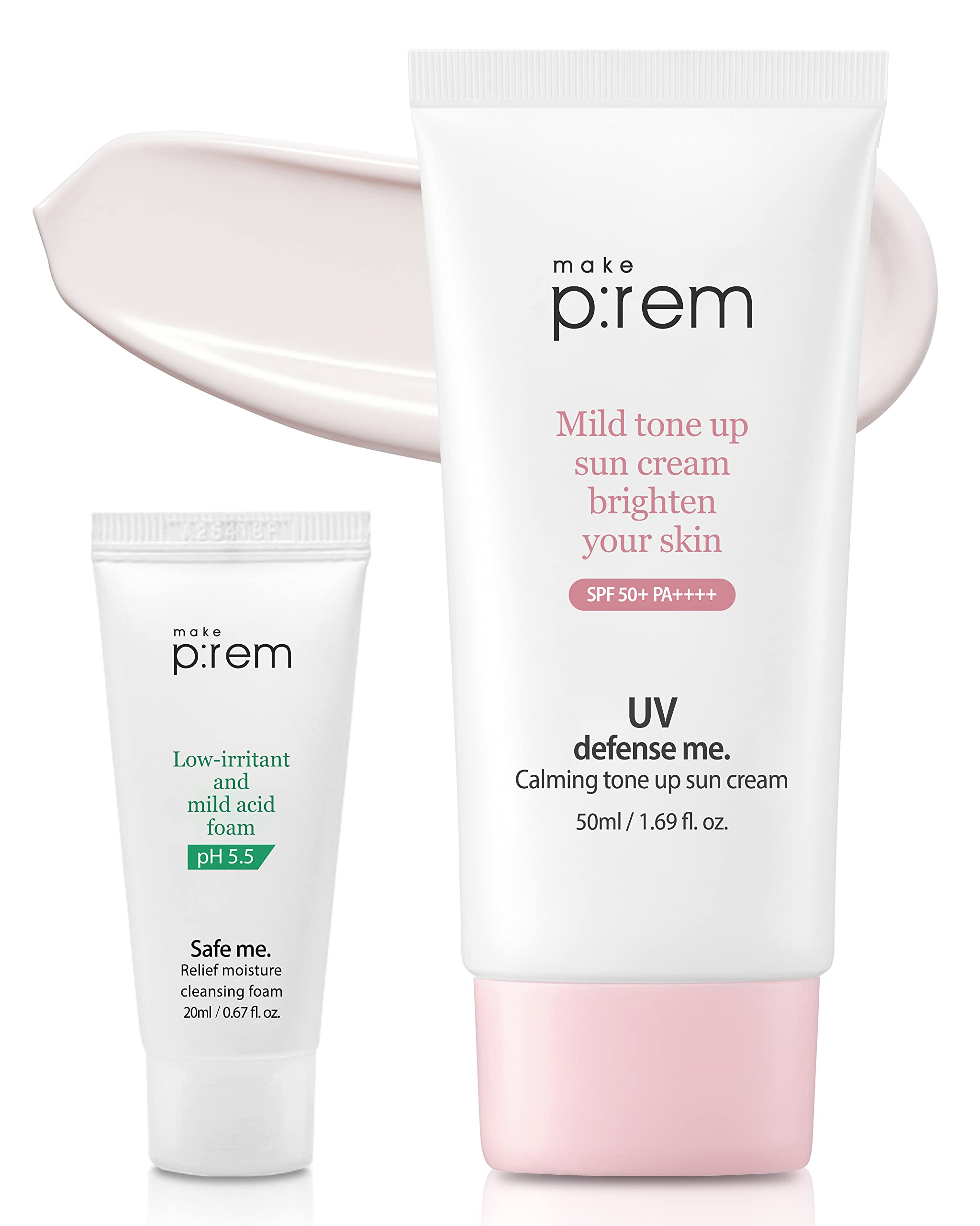 MAKEPREM UVA UVB Defense Me Calamine Calming Sun Cream SPF 50+ PA++++ 1.69 Fl Oz Korean Mineral Sunblock VEGAN Sunscreen Reef-sa