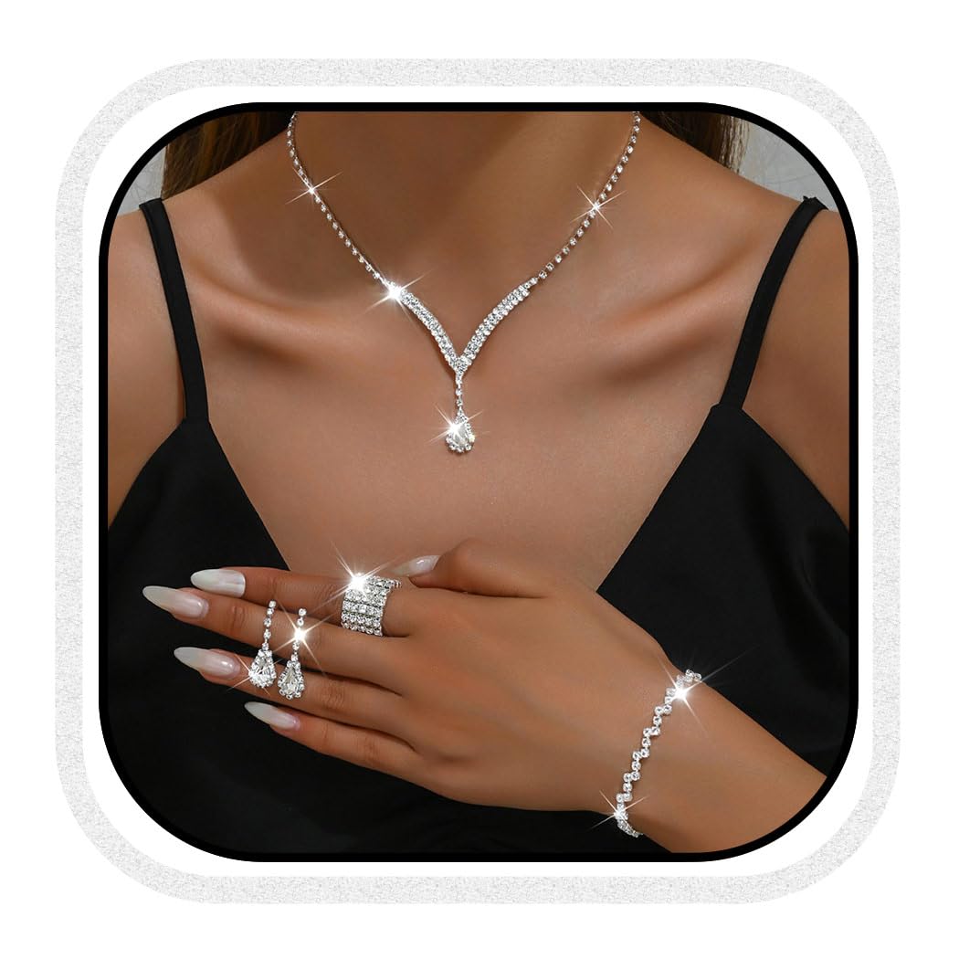 Unicra Bridal Wedding Jewelry Set Silver Rhinestone Necklace Earrings Sets Formal Costume Jewelry for Women and Brides (C-4 Pack