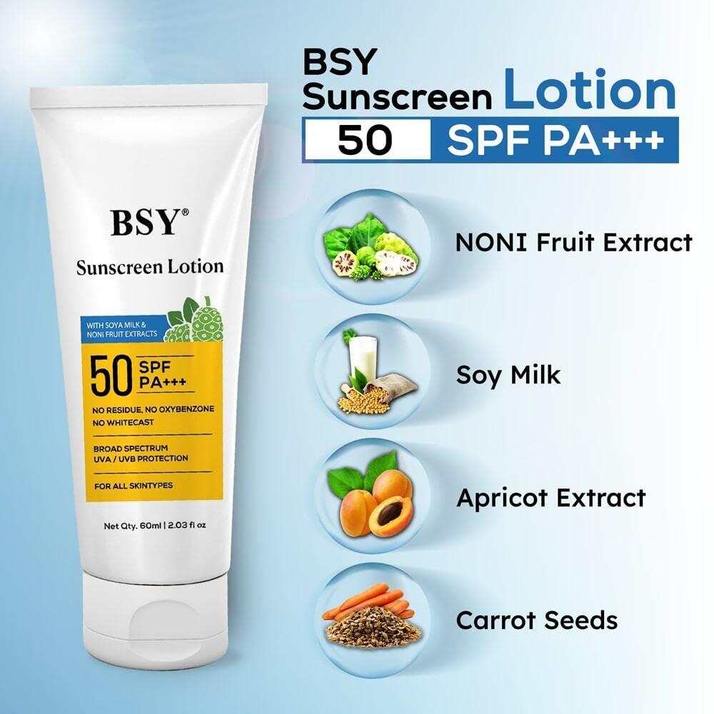 BSY Noni Sunscreen Lotion SPF 50 PA+++ (2.03 fl oz) | Infused with Noni & Soy Milk Extracts | Mineral Sunscreen with No White Ca