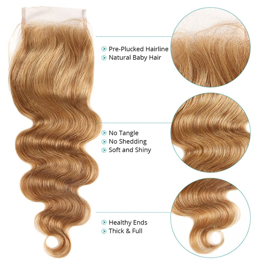 Honey Blonde Human Hair Pre Plucked With Baby Hair 4X4 Transparent Lace Free Part Bleached Konts Malaysian Natural Raw Remy Huma