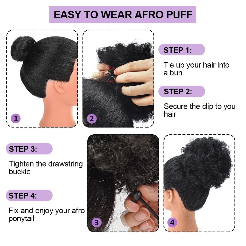 Yeame Afro Puff Drawstring Ponytail For Black Women, Short Kinky Curly Afro Ponytail Synthetic Hair Puffs, Premium Black Afro Bu