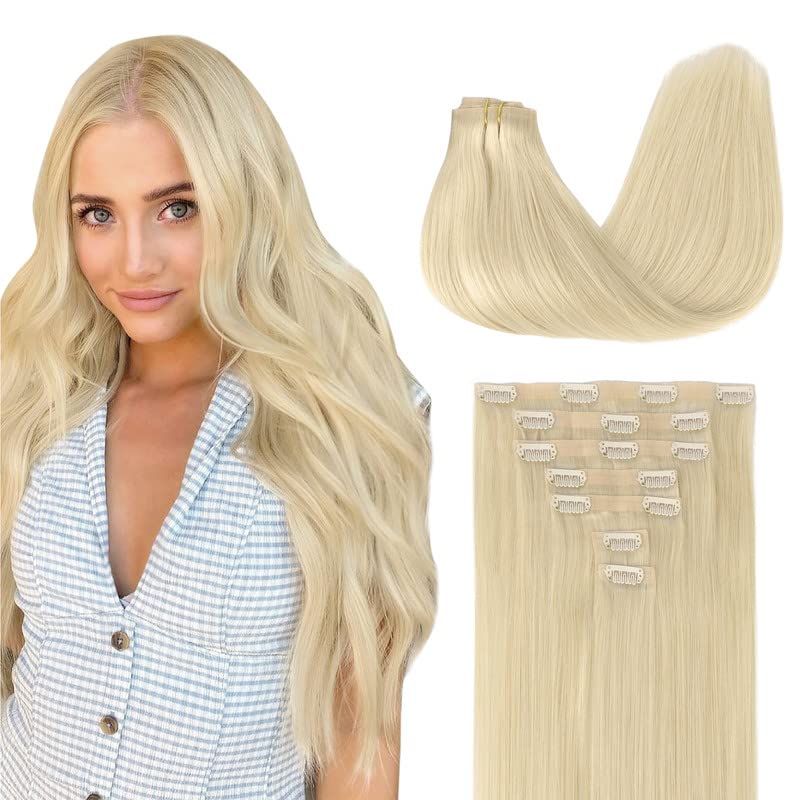 GOO GOO Clip in Hair Extensions Real Human Hair, 14inch 110g 7Pcs, 60A Platinum Blonde, Remy Human Hair Extensions Clip ins for 