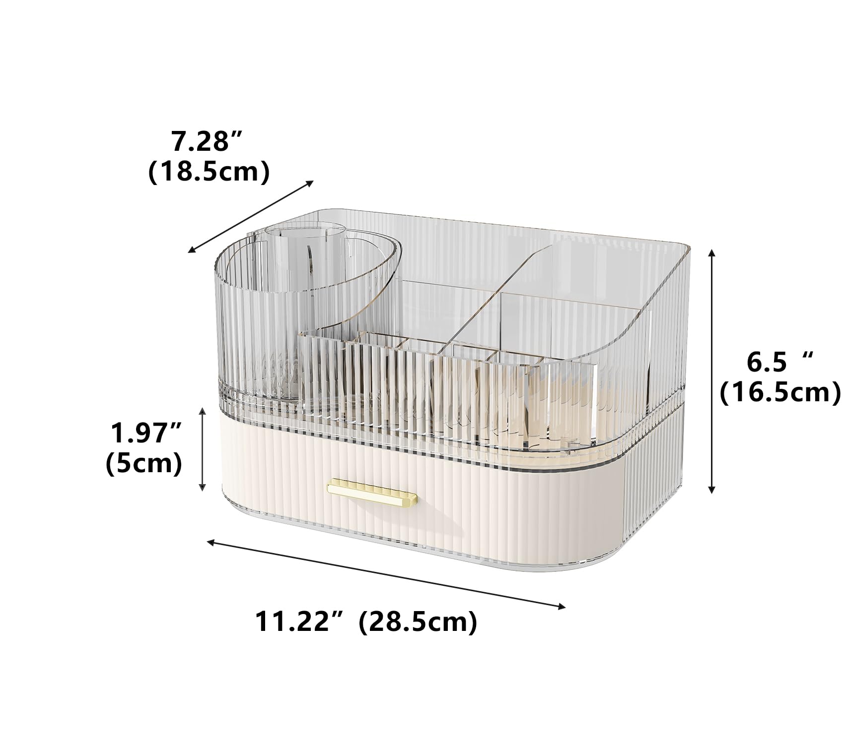 Makeup Organizer with Stackable Drawer, 360 Rotating Makeup Brush Holder, 11-inch Wide Large Cosmetic Display Case, Skincare Org