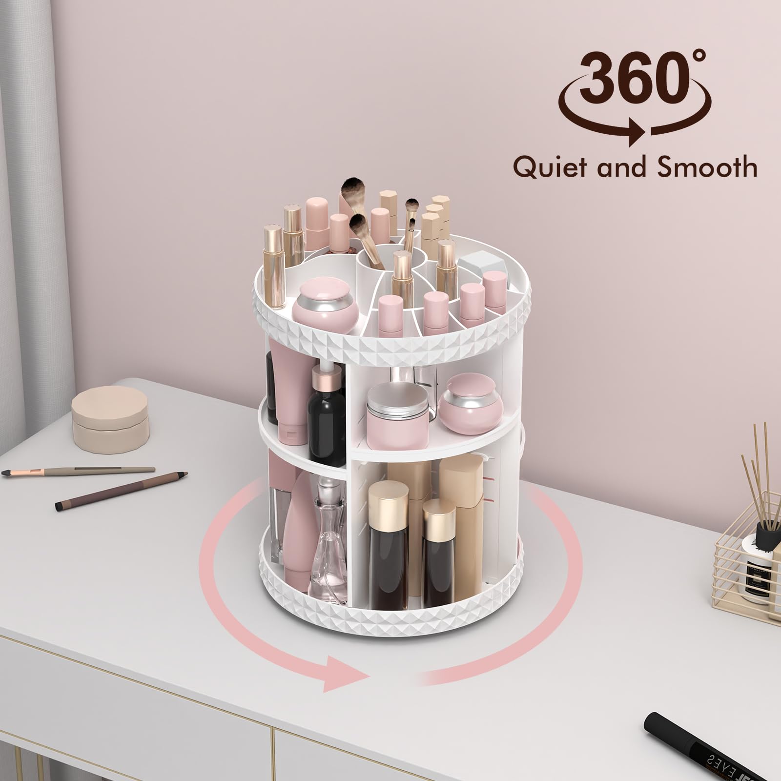 Rosoenvi Rotating Makeup Organizer, 360 Spinning Skincare Organizers, Adjustable Layer Cosmetic Storage Lazy Susan Makeup Organi
