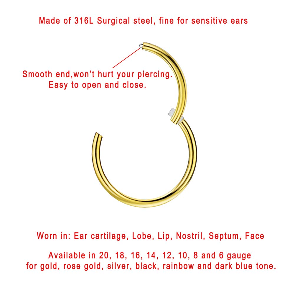 FANSING 16g Tragus Hoop 6mm Septum Rings for Women 16 Gauge Cartilage Earrings Hoop Gold Piercing Jewelry for Daith Helix Rook