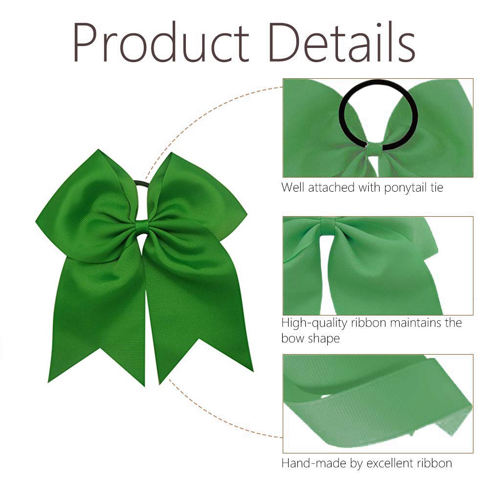 16Pcs 8 Large Cheer Hair Bows Ponytail Holder Elastic Band Handmade For Cheerleading Teen Girls College Sports (16 Pcs) (Green)