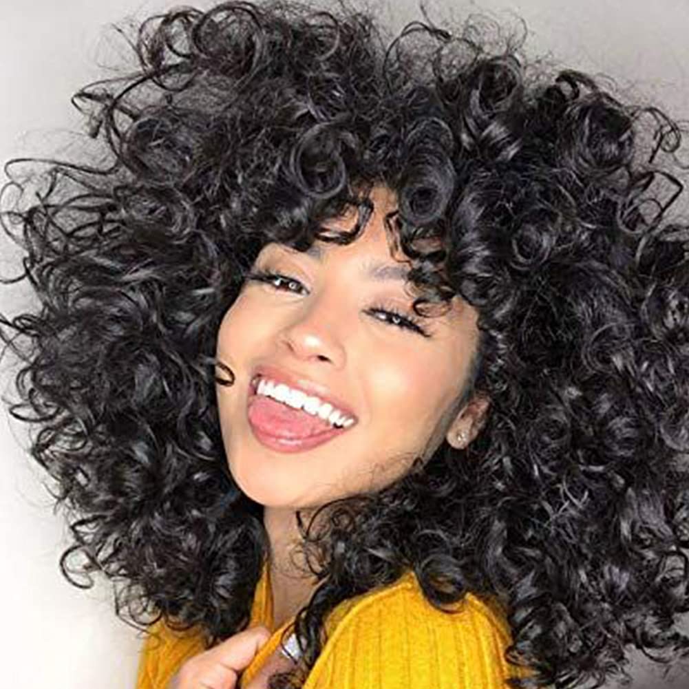 andromeda Short Curly Wigs for Black Women Soft Black Curly Wig with Bangs Fluffy Curls Synthetic Hair Wig Loose Curly African A