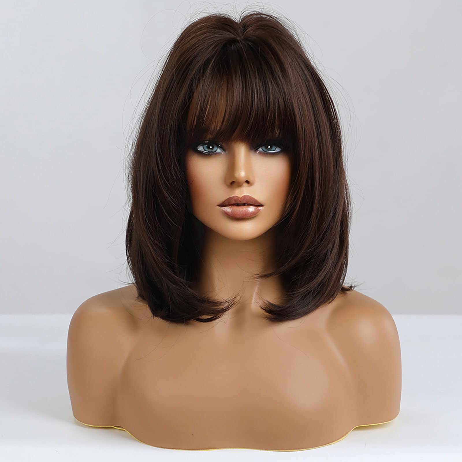 Haircube Bob Wig Short Dark Brown Wig With Bangs,Shoulder Length Synthetic Wigs For Women