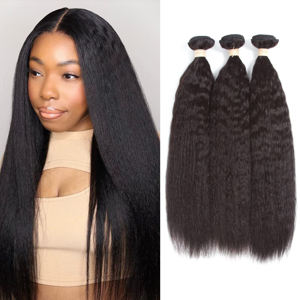Bundles Human Hair Kinky Straight, Kerriana Yaki Human Hair Bundles 100% Unprocessed Brazilian 3 bundles 14 16 18 inch For Black