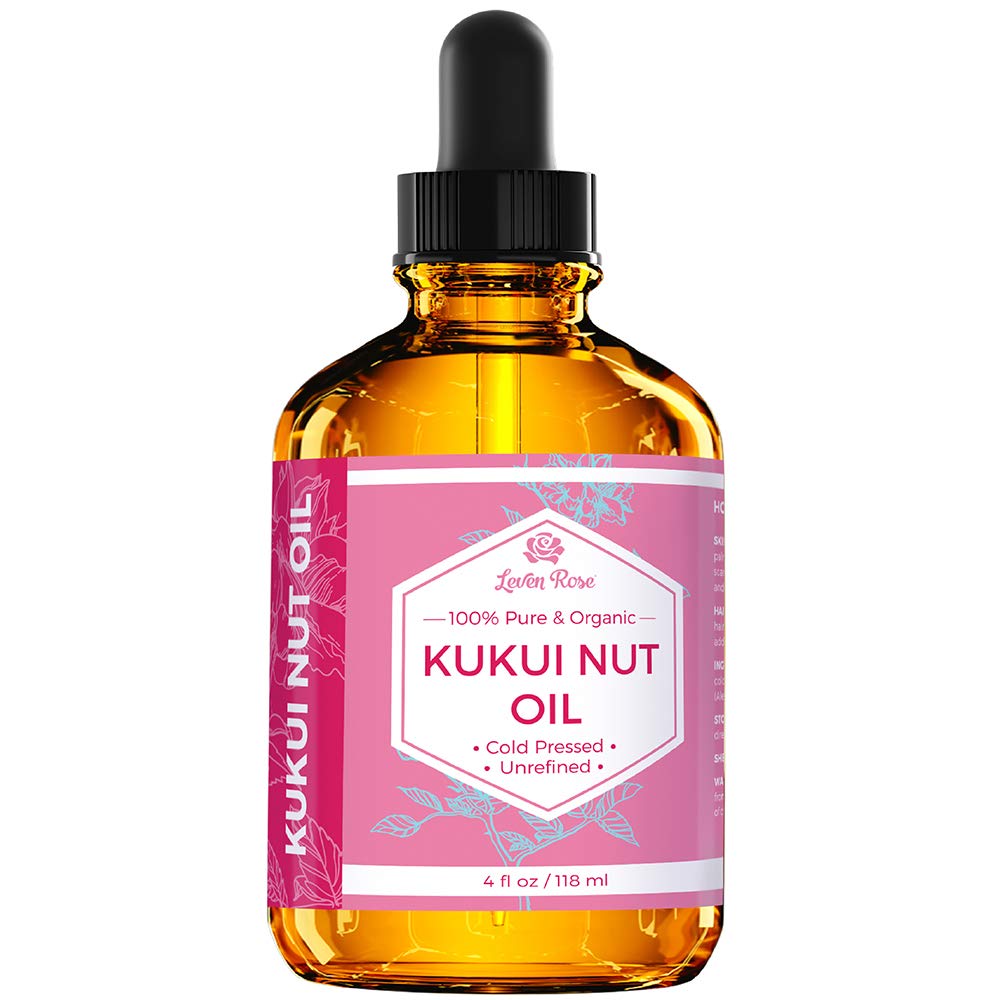 Leven Rose Kukui Nut Oil 4 oz - Cold-Pressed and Unrefined Hair & Face Moisturizer with Dropper - Unscented Pure Face Oil for Wo