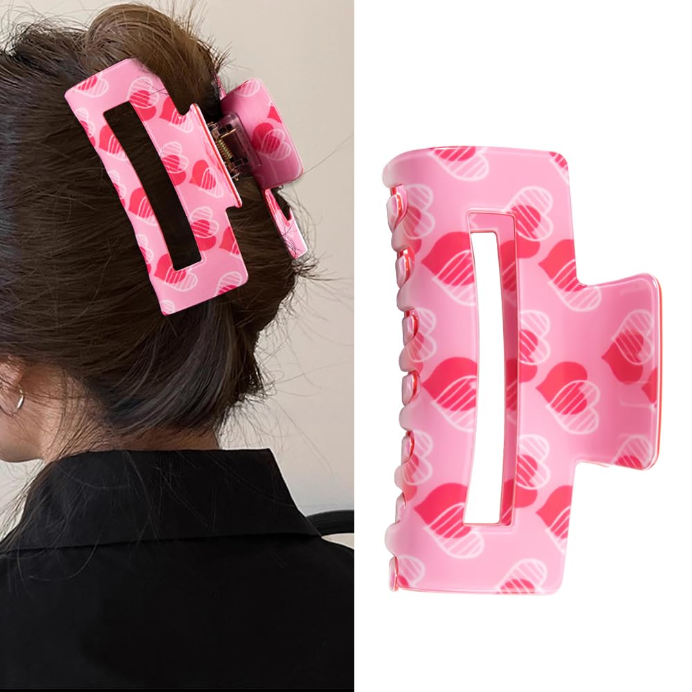 Valentine Pink Heart Hair Claw Clips for Women French Tip White Heart Large Hair Clips for Thick Hair Hair Barrettes Accessories