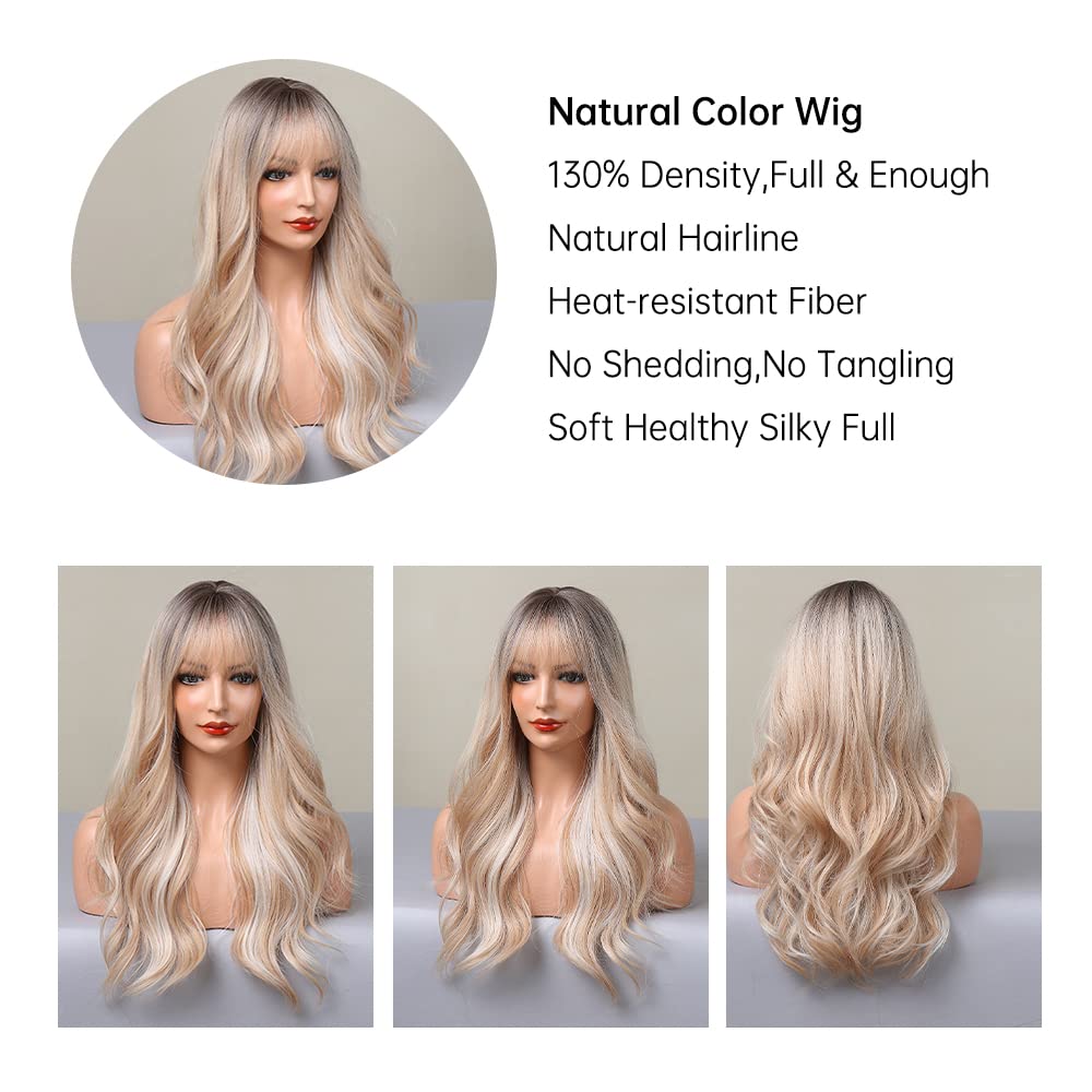 EMMOR Long Blonde Mixed White Wave Wig with Bangs Dark Roots Curly Wig for Women Synthetic Wig Natural Looking Heat Resistant Fi