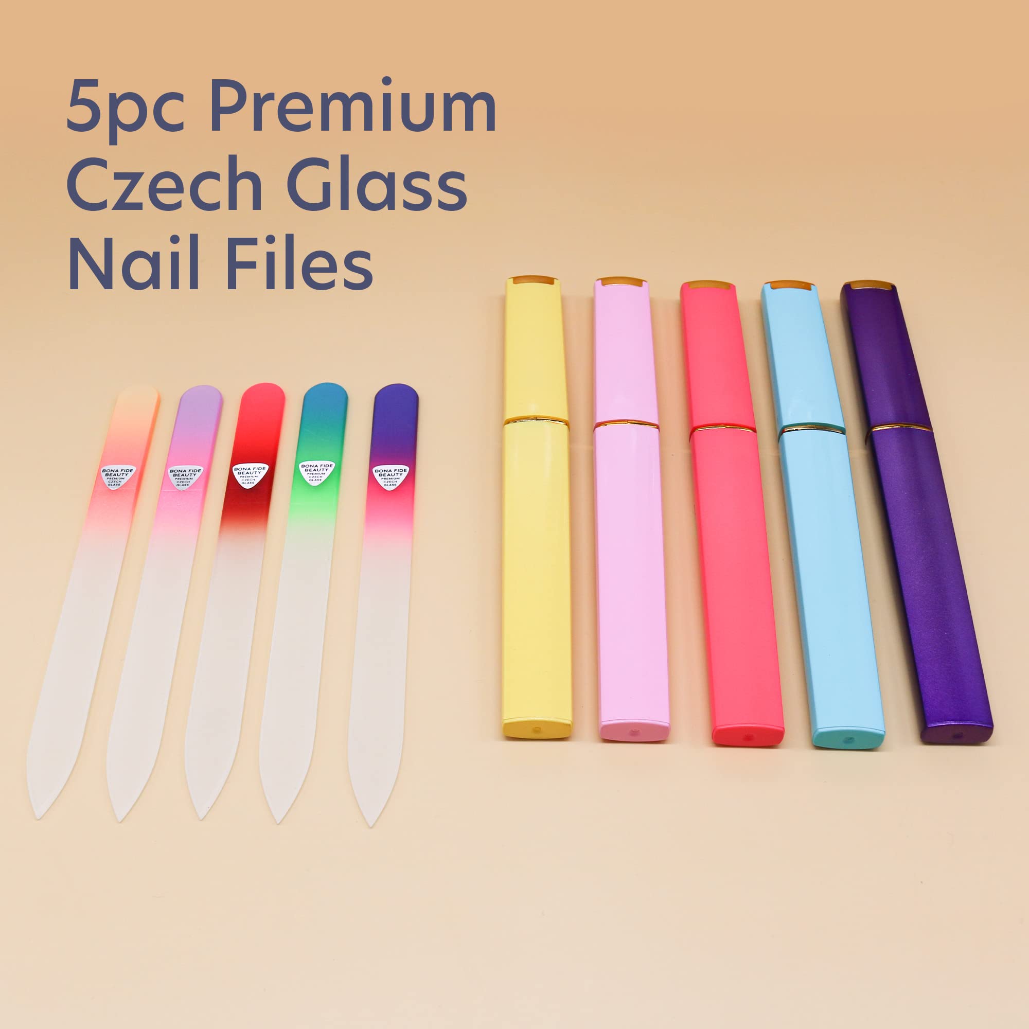 Bona Fide Beauty Czech Glass Nail File Set With Hard Cases, 5 Piece Professional Manicure Glass Fingernail Files