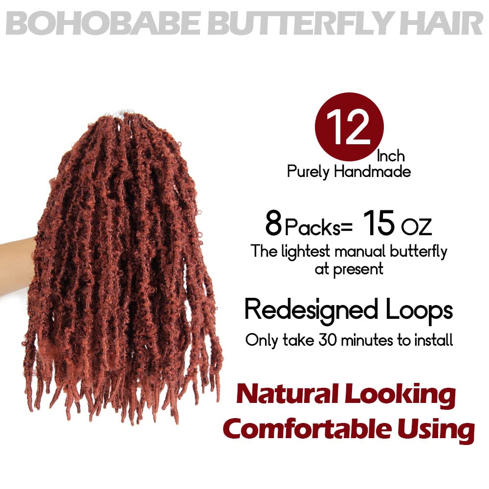 8 Packs Light Weight Butterfly Locs Crochet Hair 12 Inch Butterfly Faux Locs Crochet Hair Short Ginger Red Distressed Butterfly