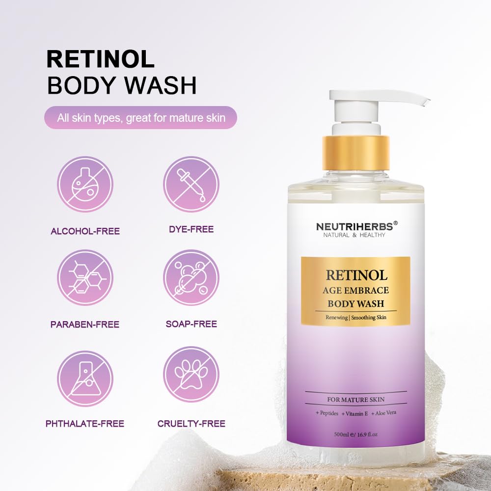 Neutriherbs Retinol Body Wash, Anti Aging/Renewing Shower Gel For Women And Men, Daily Shower Soap With Peptides, Vitamin E, Alo