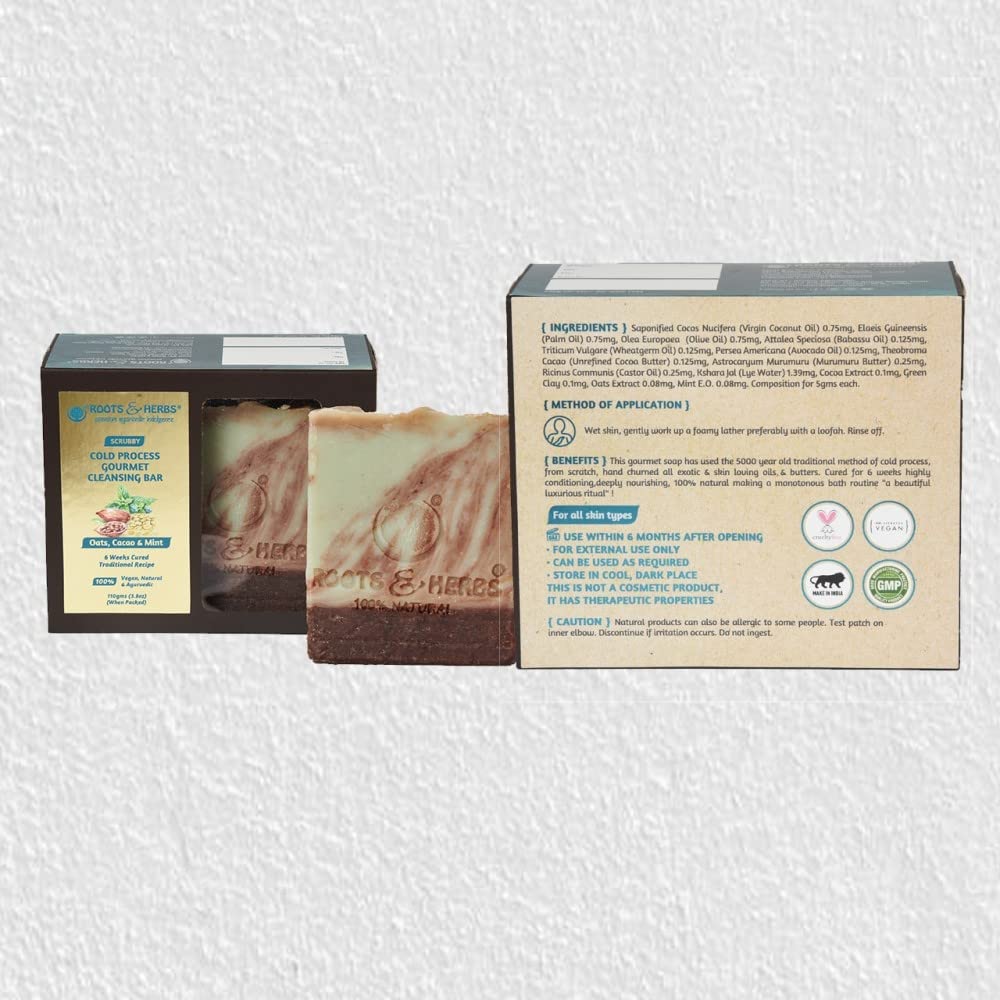 ROOTS AND HERBS Cold Process Gourmet Cleansing Bar Oats, Cacao & Mint Scrubby Body Soap 100% Vegan, Natural & Ayurvedic Gluten F