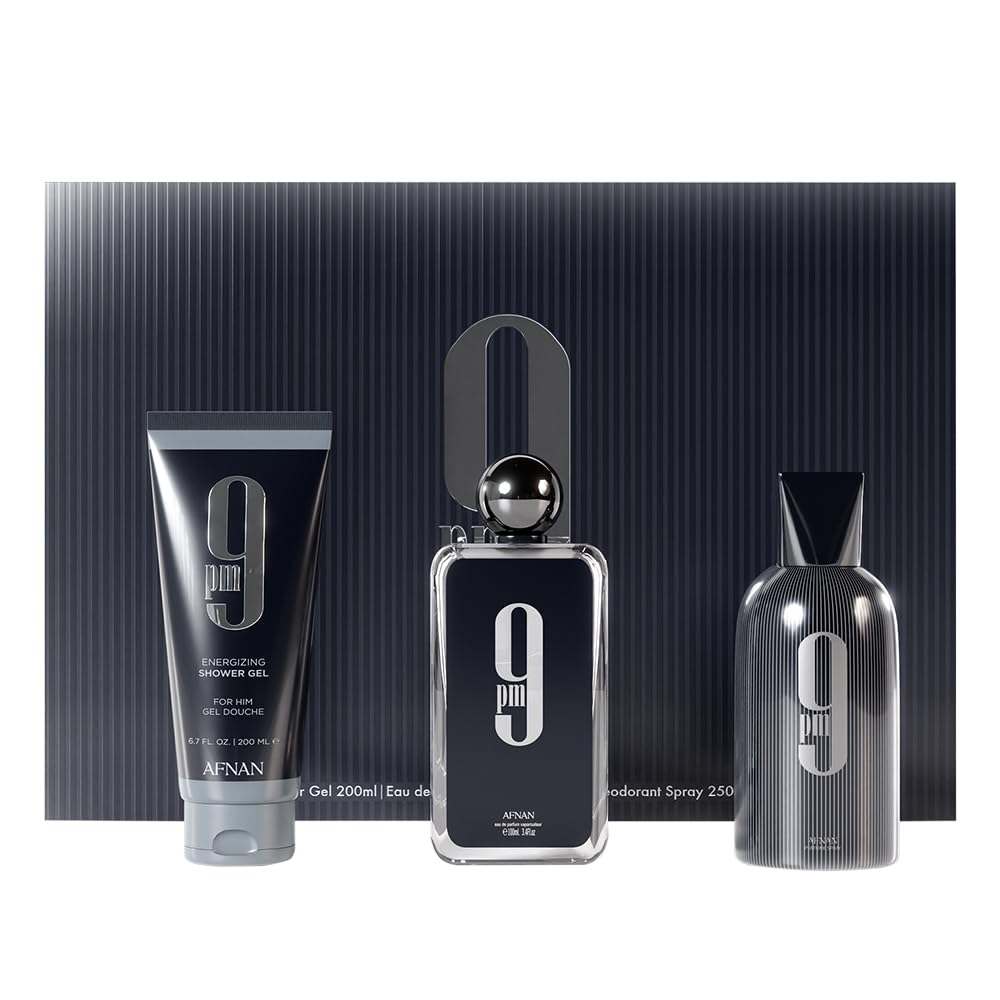 Afnan 9 Pm Luxury Perfume Gift Set - Eau De Parfum (3.4 Oz), Deodorant (5.0 Oz), Shower Gel (6.7 Oz)