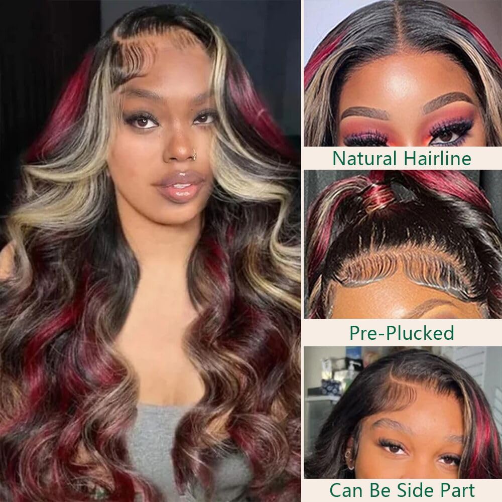 Aolvoblees Red Blonde Black Skunk Stripe Human Hair Wig 250% Density 13X4 Body Wave Highlight Burgundy Ombre HD Lace Front Front
