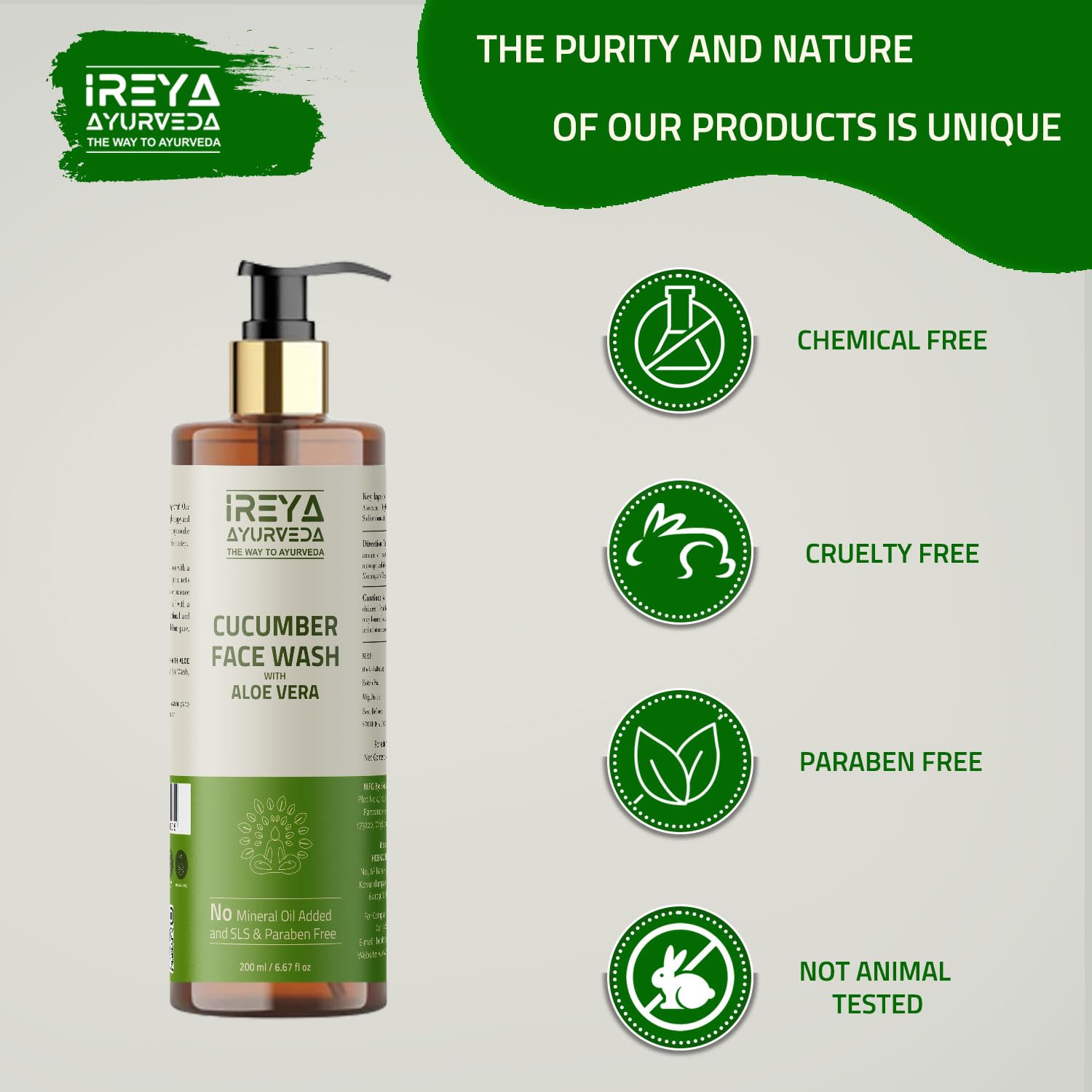 Ireya Ayurveda Cucumber Aloe Vera Face Wash 200ml (6.76oz) Face Wash for men and women Made With Cucumber extract & Aloe vera ge