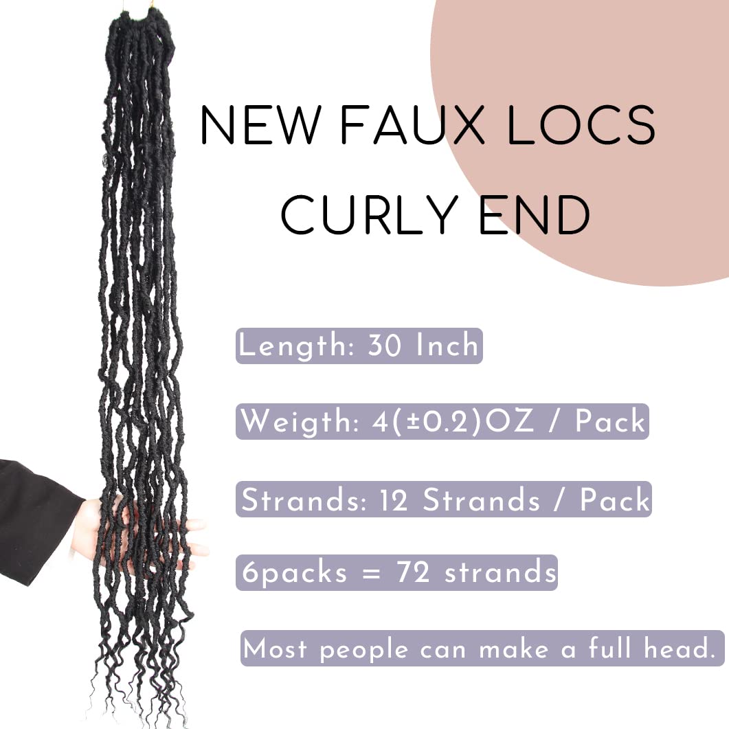 BOHOBABE 30 Inch New Faux Locs With Curly End 6 Packs Soft Locs Crochet Hair 72 Strands Long Natural Crochet Braids (6Packs,2#)