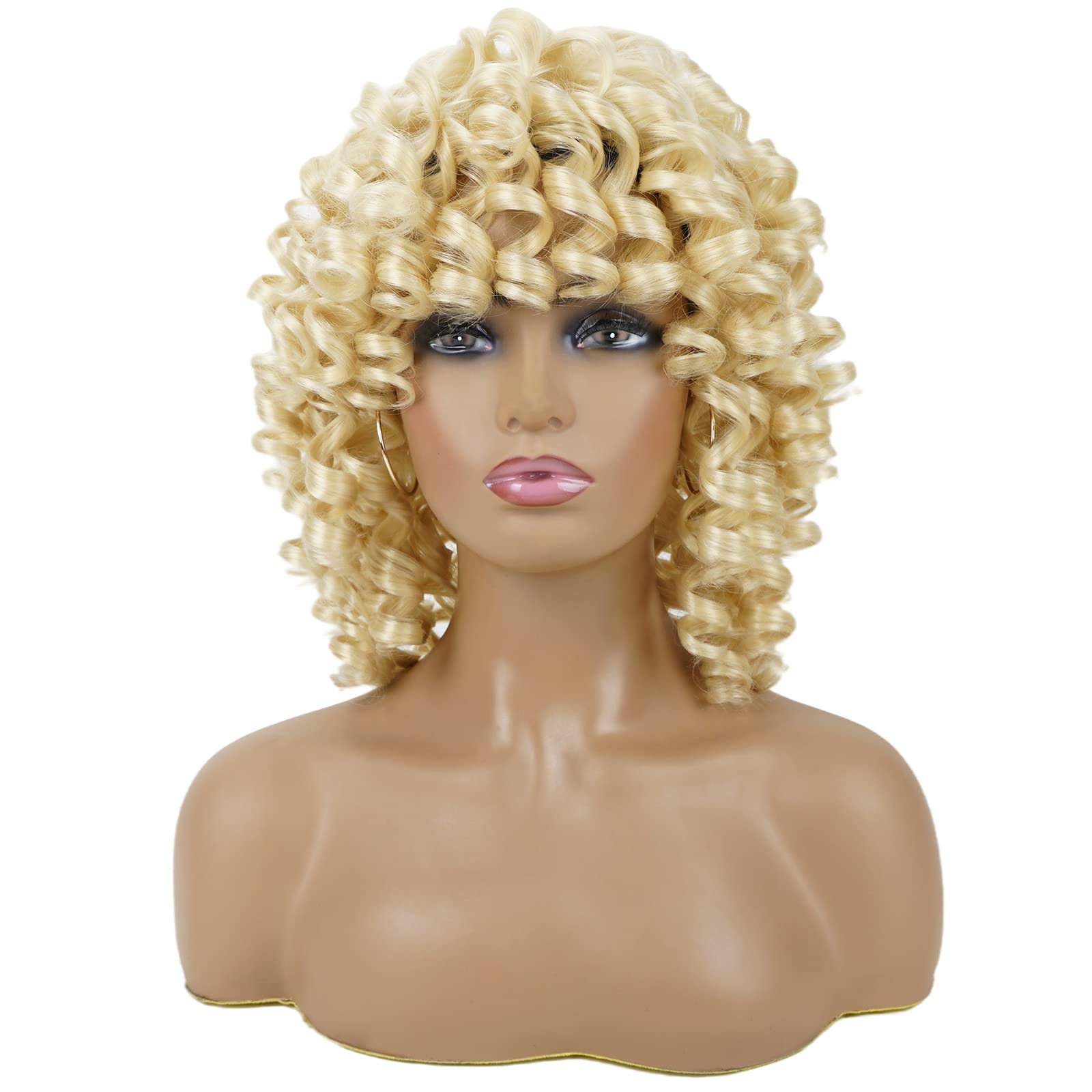 andromeda Blonde Curly Wigs for Black Women Soft Short Loose Curly Wig wiht Bangs Synthetic Kinky Hair Curly African American Co