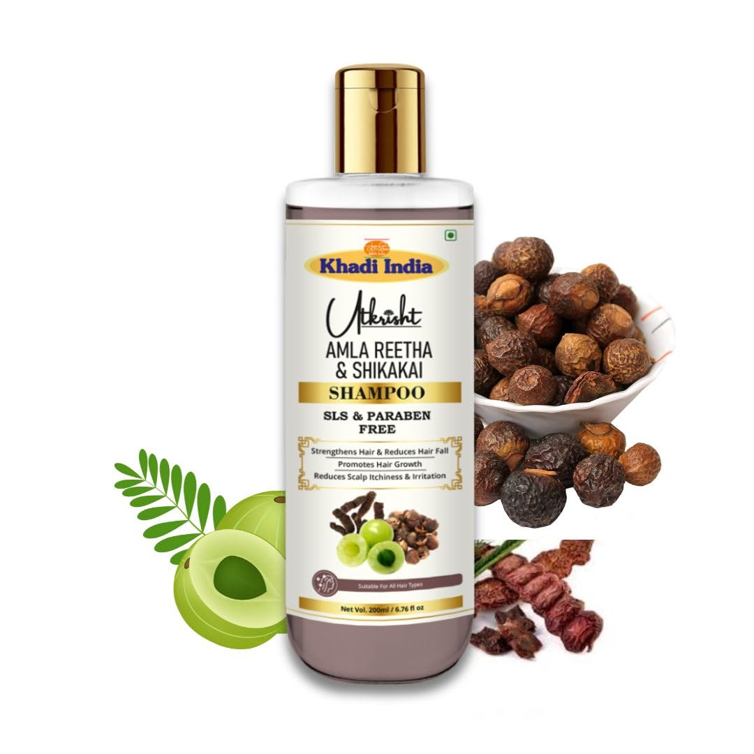 Khadi Utkrisht Amla Reetha Shikakai Shampoo 200Ml | Sls & Paraben Free Natural & Ayurvedic Anti Hair Fall Shampoo For Thick, Hea