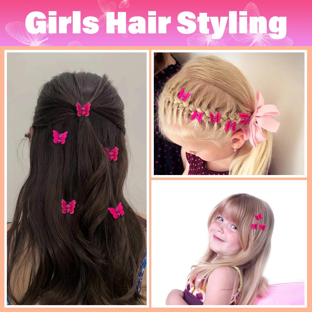 Ahoney 60PCS Mini Butterfly Hair Clips for Hair with Box Glitter 90s Y2k Pink Hair Accessories for Girls Women (Hot Pink)