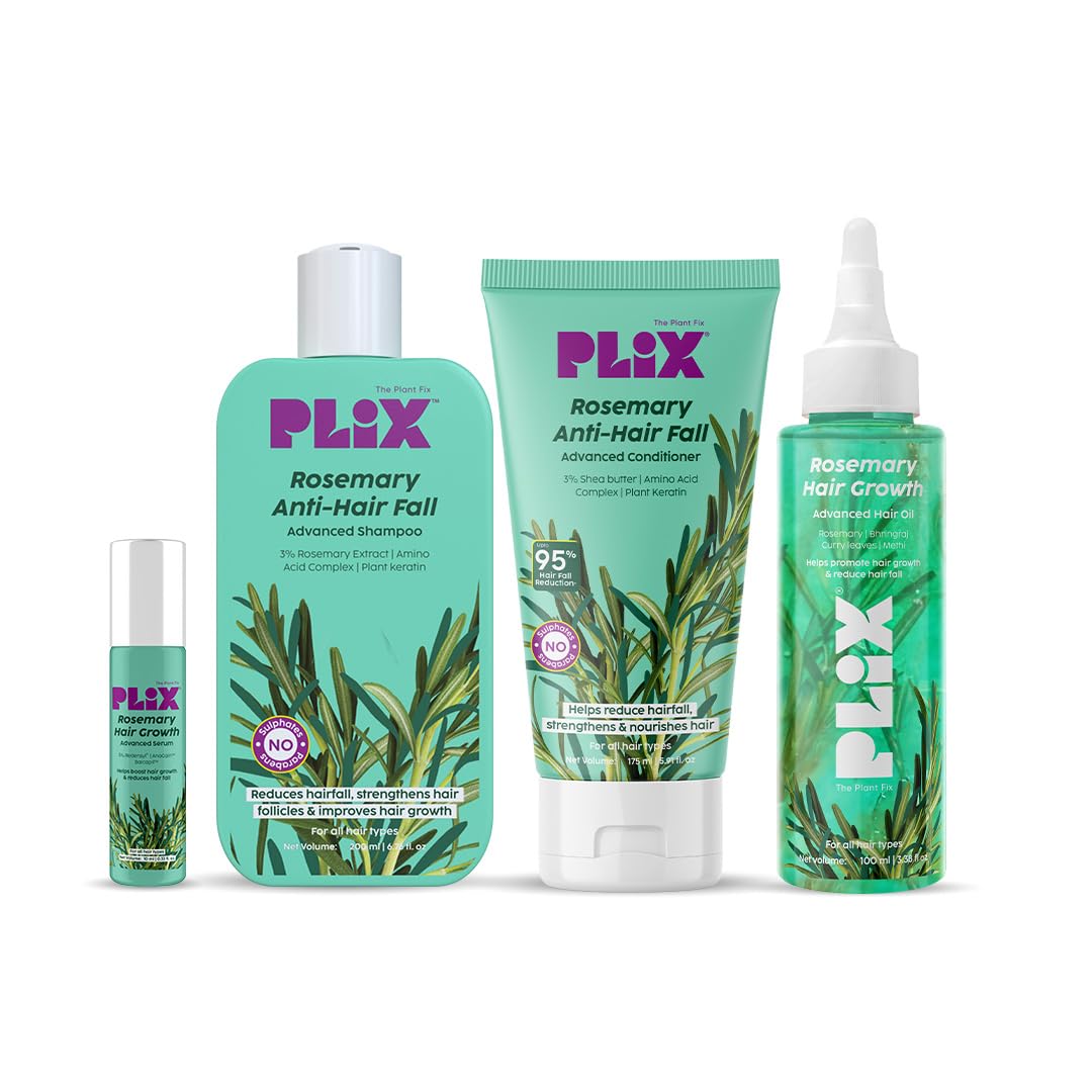 Plix  The Plant Fix Rosemary Anti Hairfall Advanced Kit | Roll On Serum (10Ml) +Shampoo (200Ml) + Conditioner (175Ml) + Oil (10