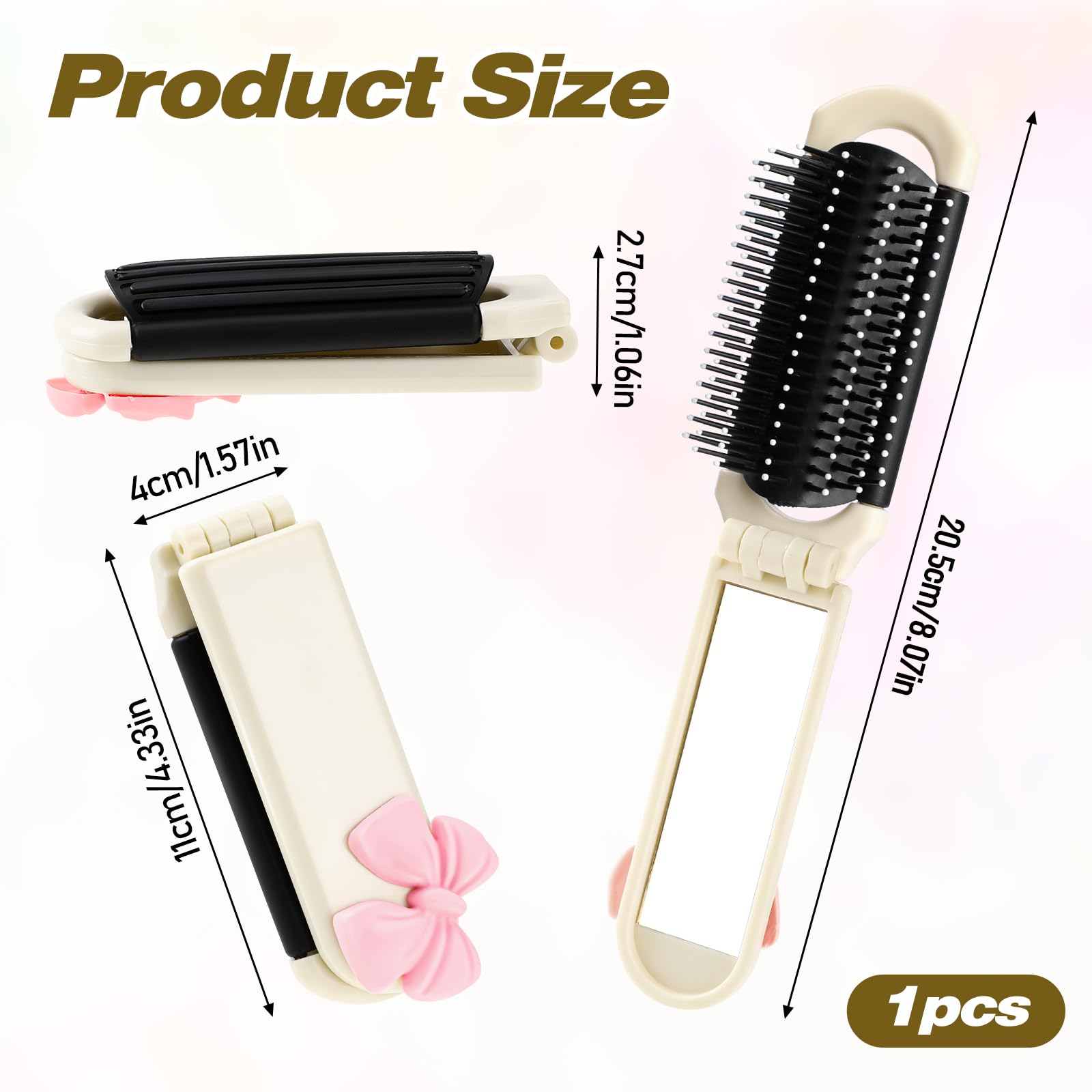 Folding Travel Hair Brush With Removable Mirror, Collapsible Compact Design, Massage Comb For Gym, Trips, Purse, Swimming (Cream