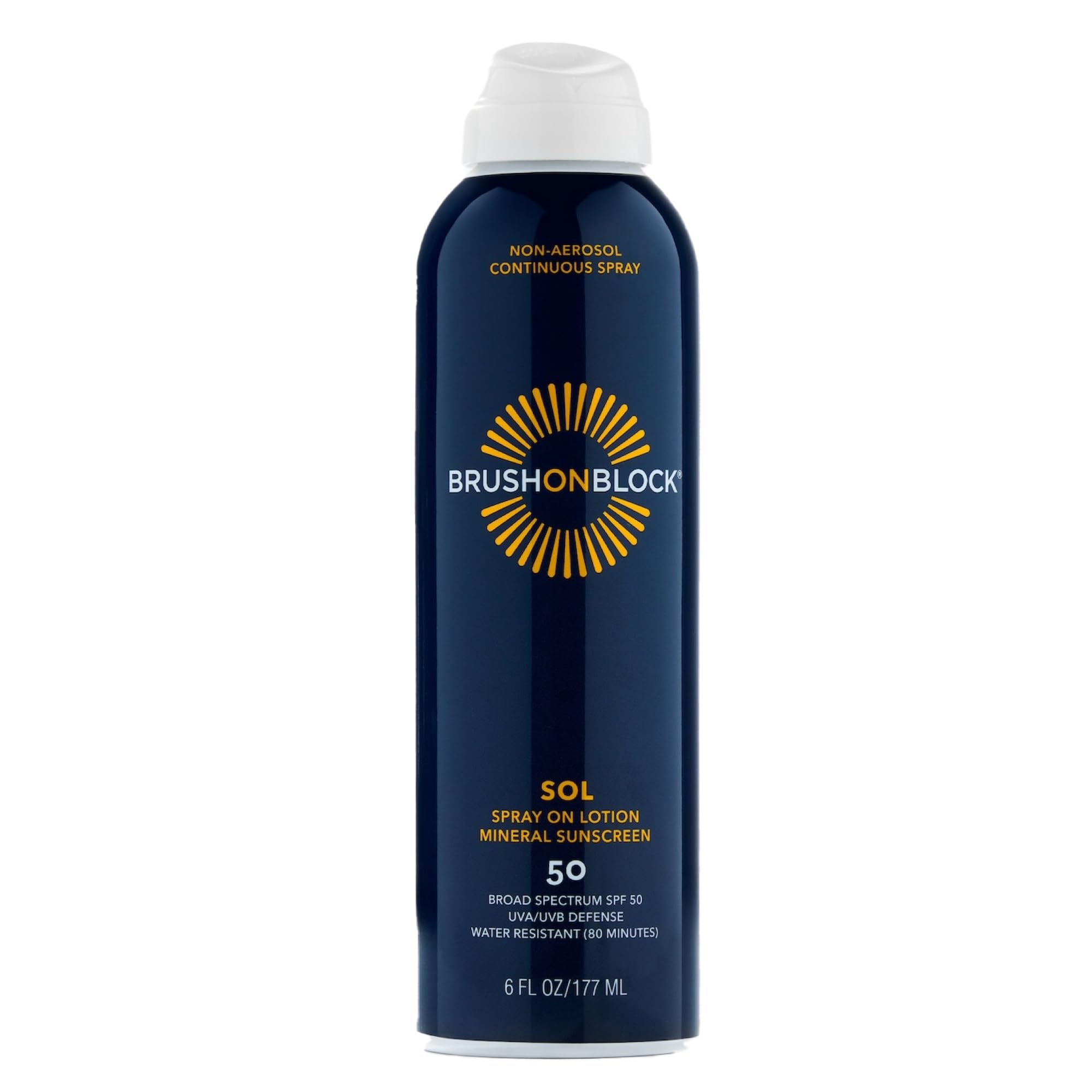 Brush On Block SOL SPF 50 Mineral Spray on Lotion, Non Aerosol Continuous Spray Sunscreen, Water Resistant, Reef Friendly, 6 oz