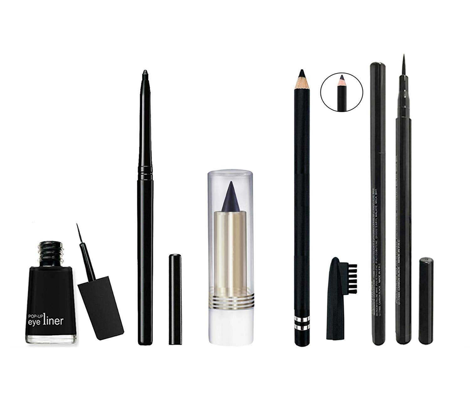 Eod Combo Waterproof Liquid Eyeliner, Pen Eyeliner, Eyebrow Pencil, Pen And Stick Kajal Black (Set Of 5)