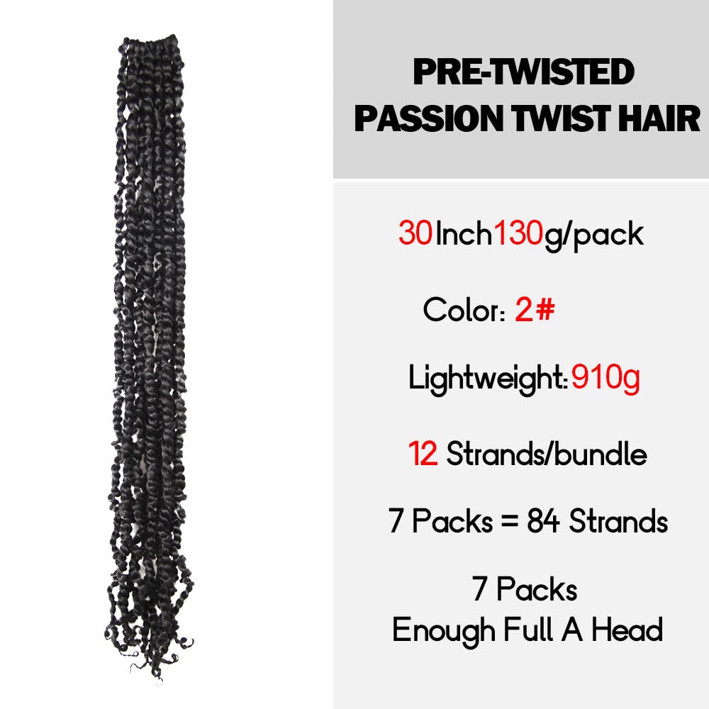 Wudas Long Passion Twist Hair 30 Inch Pre-Twisted Passion Twists Crochet Hair Off Black Pre-Looped Synthetic Crochet Braids (7 P
