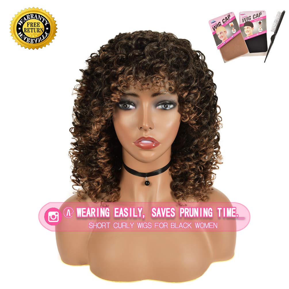 Rosmile Curly Wigs For Black Women - Ombre Brown #4T30 Synthetic African American Full Kinky Curly Afro Hair Wig With Bangs (Fre