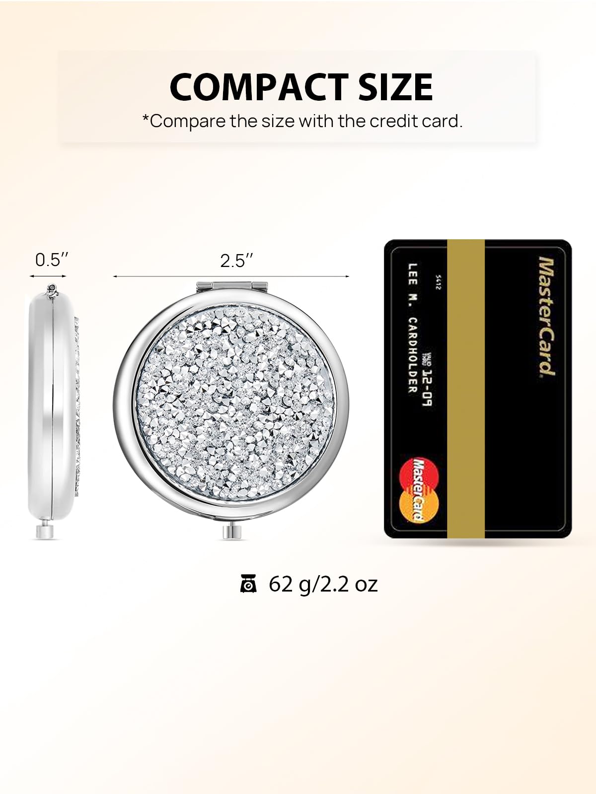 Getinbulk Compact Mirror For Purse, Double-Sided 1X/2X Magnifying Round Metal Pocket Makeup Mirrors(Silver, Mix Diamond)