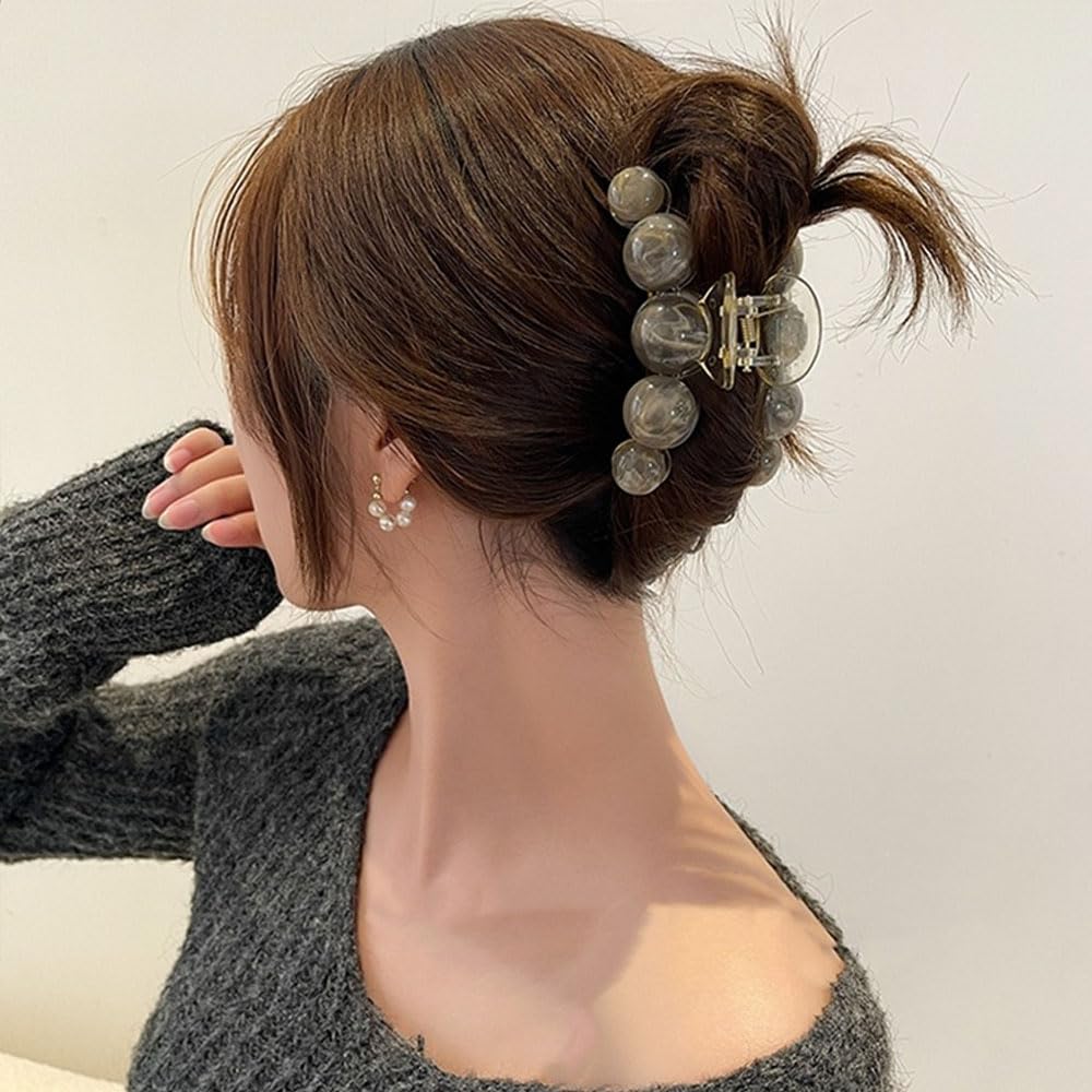 Large Grey Pearl Hair Claw Clips - Elegant Non-Slip Clamps With Strong Hold For Thick Or Thin Hair, Stylish Hair Accessories